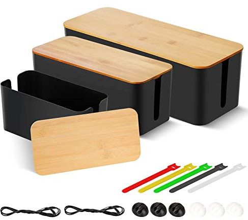 3 Stück Kabelbox, Kabelmanagement Box zum Verstecken und verbergen Sie Steckdosenleisten und Kabel, Kabel Organizer Aufbewahrungsbox mit Bambusdeckel & Gummifüßen(Schwarz)