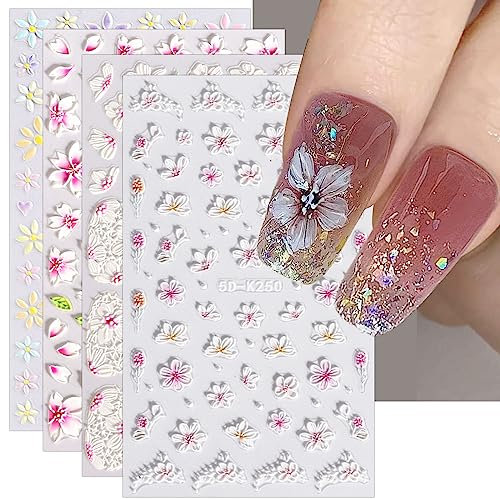 JMEOWIO 3D Nagelsticker Blume Nail Art Sticker Selbstklebend Nagelaufkleber 5D Stereoskopisch Sommer Frühling Blumen Dekoration Nageldesign Zubehör 4 Blatt