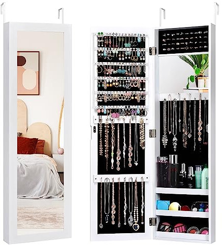 HOMASIS Armadio Portagioie con Specchio da Parete o Porta, Gabinetto di Gioielli con Specchio a Figura Intera, Specchiera Portagioielli con 2 Specchi per Trucchi, Organizzatore di Gioielli (Bianco)