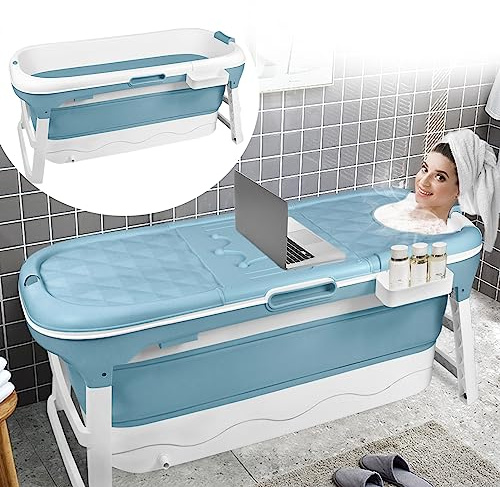 JOIEYOU Vikbart badkar, XL fällbart badkar mobil bärbart sittbadkar, hopfällbart badkar med avtagbart överdrag och badkarshylla, blå (128 x 62 x 53 cm)