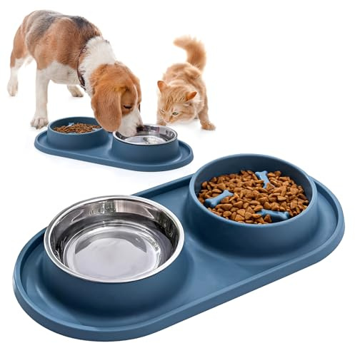 ZSMJAER Comedero para Perros,Cuenco para Perro o Gato Doble Inoxidable,Fondo Antideslizante para Mascotas pequeñas Perros y Gatos