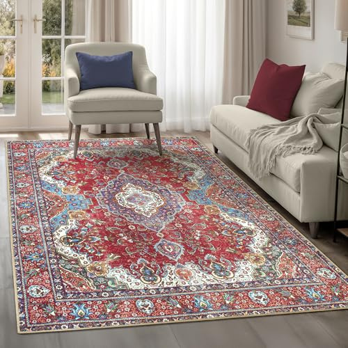 artyrugs Machine Washable Rug, 200x290cm, 75% Recycled Cotton, Short Pile, Non-Slip Backing, Non-Shedding, Suitable for Living Room, Bedroom, Kitchen, Hallway, Office, Burgundy Red & Blue