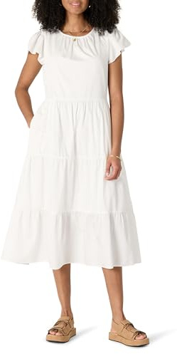 Amazon Essentials Femme Robe Midi à Volants Décontractée à Col Rond en Satin de Coton