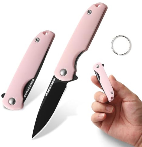 Drachenader fickkniv liten, fällkniv 5, 2 cm bladlängd, 5cr13 moV stål enhandskniv, nyckelring minikniv för kvinnor utomhus, blad svart – rosa handtag