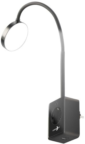 Lunartec Steckerlampe: Dimmbare CCT-LED-Steckerleuchte mit Steckdose, USB-A/C-Port, schwarz (Schwanenhals-Steckdosenleuchte, Leselampe Bett mit USB Ladestation, iPhone Ladekabel)