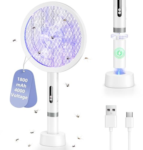 BKXCHA 2 in1 Raquette Electrique Insectes, 4000V Puissant Raquette Anti Moustique Electrique, 1800mAh USB Rechargeable Tapette à Mouche avec 3 Couches Protection en Maille pour Intérieur Extérieur