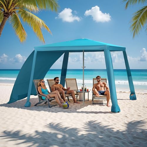 Beach Cabana-6.6x6.6’Beach Canopy with Side Wall,Portable Umbrella Tent with Sand Pockets for Family & Friends,Easy Up Beach Sun Shelter for Outdoor Patios,Backyards,and Camping,Blue