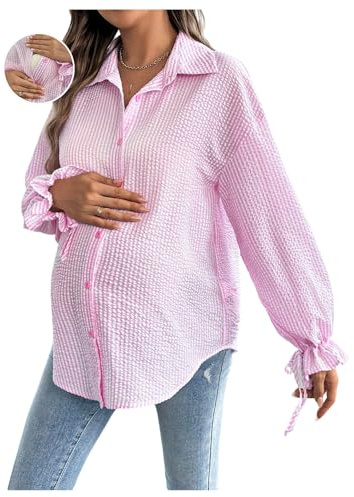 MakeMeChic Women's Maternity Blouse Spring Striped Long Sleeve Pregnancy Button Down Shirts Light Pink Medium