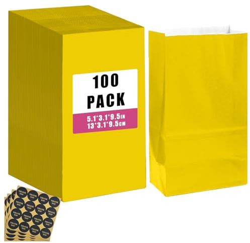 Gcardist 100 sacchetti di carta giallo brillante con 100 adesivi da 5,1 x 3,1 x 9,4, piccola borsa regalo per feste, senza manico