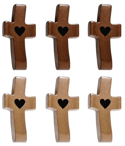 KEORHEZ Lot de 6 croix en bois sculpté, agréables au toucher, sculptées à la main, en bois sculpté à la main, avec cœurs, pour soulager le stress, prière de dévotion, baptême, communion