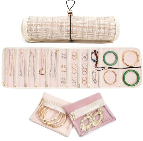 Travel Jewelry Organizer Roll with Clear Zipper Pockets, Tangle-Free Velvet Jewelry Pouch Storage Bag for Women, Portable Necklace Ring Earring Holder Organizer, Foldable Jewelry Storage Bag Case