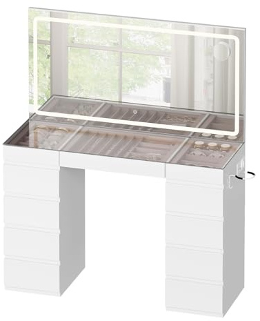 WOLTU sminkbord med belysning, glasskiva och spegel, sminkbord med 11 lådor, smyckesfack, eluttag och hårtorkshållare, för sovrum, vit