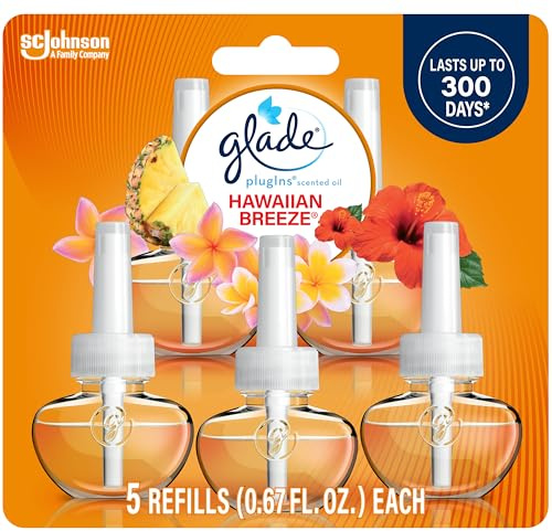 Glade PlugIns Refills Air Freshener, Scented and Essential Oils for Home and Bathroom, Hawaiian Breeze, 3.35 Fl Oz, 5 Count