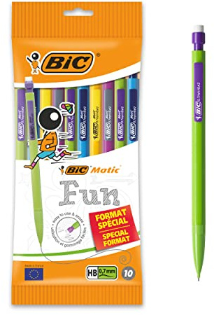 BIC Matic Fun Porte Mines 0,7 mm HB avec Gomme (Parfait pour l'Ecole) - Couleurs Assorties, Pochette Format Spécial de 10
