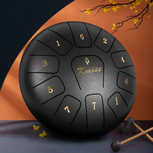 Tongue Drum Steel Kmise de 25,4 cm 11 notes - Tambour à langue en acier - Instrument à percussion avec raquettes de tambour - Sac de transport - Livre de musique