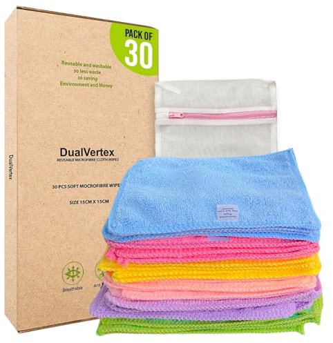 DualVertex 30 Reusable Baby Wipes Microfiber Face Cloth Washable, Reusable, Multipurpose, Unscented - Makeup Remover Cloth with Laundry Bag | Hand Wipes | Good for Cleaning | New Born Gift