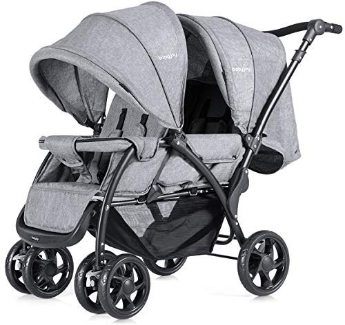 GYMAX Double Seat Stroller with Adjustable Push Handle, Detachable Canopy & Foot Rest, Foldable Baby Pushchair Buggy for Traveling, Going Shopping & Hanging Out (Grey), 127 x 56 x (95-110) cm
