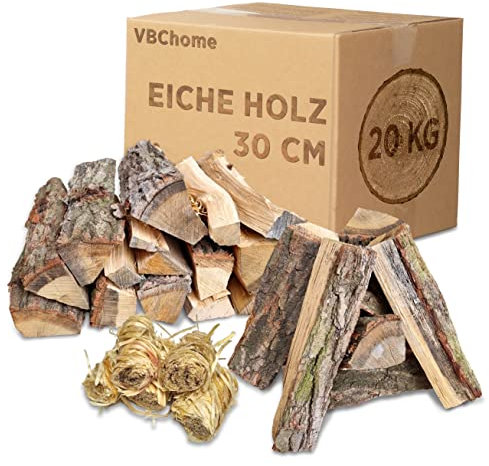 VBChome Brennholz 20 kg Eiche 30cm Getrocknetes Kaminholz für Lagerfeuer, Ofen, Kaminöfen, Grill - Feuerholz Auswahl 20-500 kg Natürlich Einsatzbereit Mit Öko-Anzündwolle