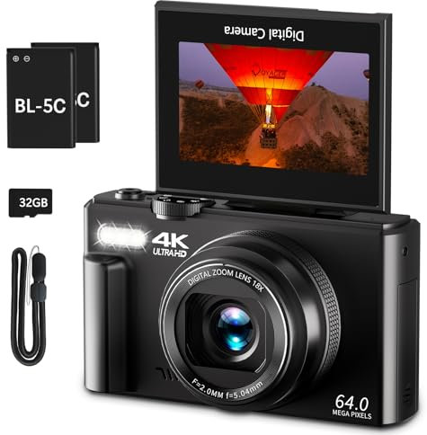 4K digitalkamera för fotografi, 64 MP vloggkamera för YouTube med 3 tum (3 tum) 180° flip-skärm, 18X zoom digitalkamera och fotograferingskamera med 32 GB Micro SD-kort