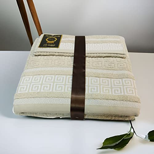 Mercatienda Juego de Toallas 100% Algodón Portugués Grego Taupe Set de Toallas de 3 Piezas: Baño, Lavabo y tocador. 600g Algodón de Calidad. Diseño Brocado en Toda la Toalla. Tacto Supreme