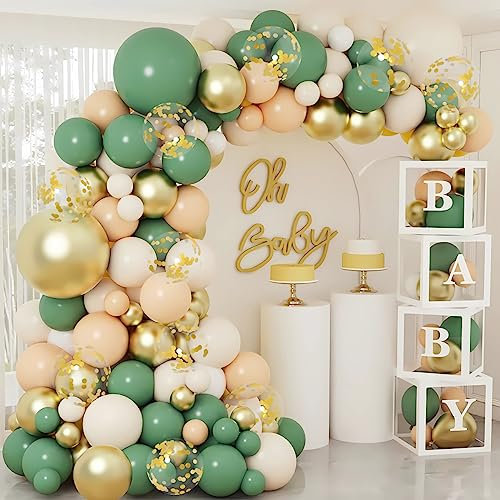 Luftballon Girlande Grün, Ballons Grün Gold Beige, Konfetti Ballons, Ballon Girlande Grün für Babyparty Deko Junge, Baby Shower Deko, Geburtstag, Hochzeit