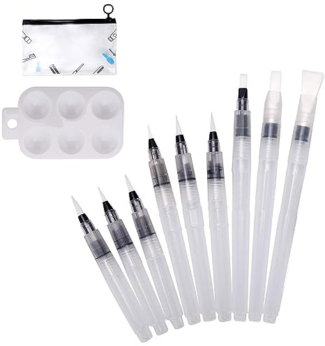 Water Brush Pennello - Set 9 Pezzi Pennelli ad Acqua con Serbatoio - Punta Flessibile per Pittura e Calligrafia