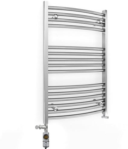 600mm Wide Curved Chrome Electric Dual Fuel Bathroom Towel Rail Radiator Heater With AF Thermostatic Electric Dual Fuel Element UK (600 x 800 mm)