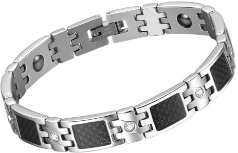 OIDEA Pulsera Magnética Hombre Plata: Pulseras de Cadena de Acero Inoxidable para Caballero con Circonita Fibra de Carbono Hipoalergénico Antialérgico - Para Uso Diario San Valentín Regalo