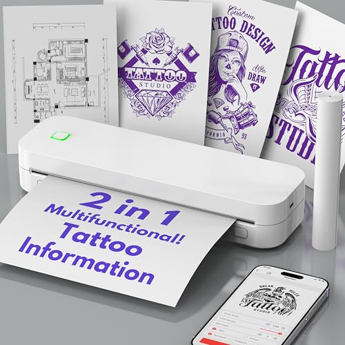 Ablemark Bärbar A4 termisk skrivare, utan bläck Bluetooth-tatueringsskrivare, kompatibel med Android och iOS med dator, tatuering termokopiator för resor, arbete och hem