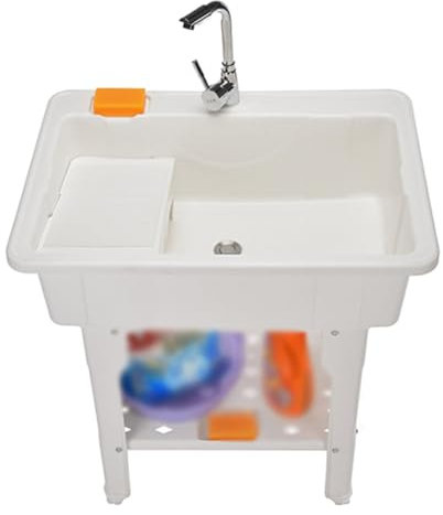 Fregadero para Lavandería Fregadero de Lavandería Multifuncional con Grifo Monomando Fregadero de Lavandería Independiente de Plástico con Tabla de Frotar Pies Ajustables Diseño de Borde Resistente Al