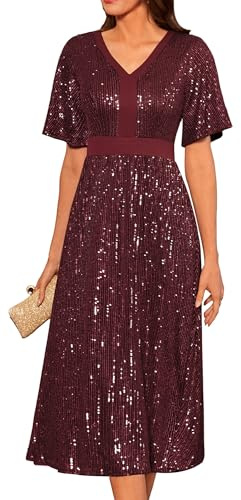 GRACE KARIN Elegant Paillettenkleid Kurzarm Abendkleid V-Ausschnitt Swing Cocktailkleid A-Linie Faltenrock Casual Freizeitkleid L Weinrot