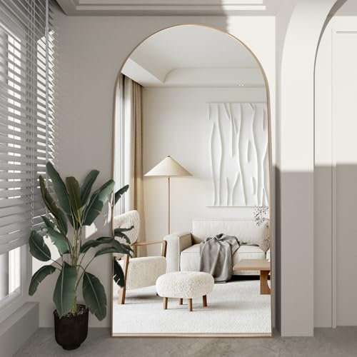 CASSILANDO Bogen-Ganzkörperspiegel, 180x80cm Bodenspiegel, Bodenspiegel Freistehender Ganzkörperspiegel mit Ständer für Schlafzimmer, Hängender montierter Spiegel für Wohnzimmer Garderobe, Gold