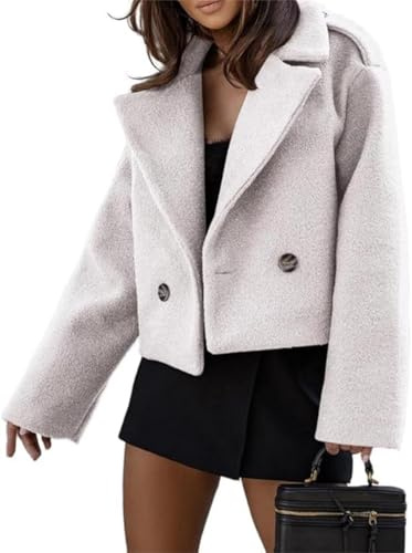xxxiticat Donna Misto Lana Cropped Trench Cappotto Autunno Inverno Cappotto a Piselli Doppiopetto Blazer Giacche Cappotto di Moda, bianco, S