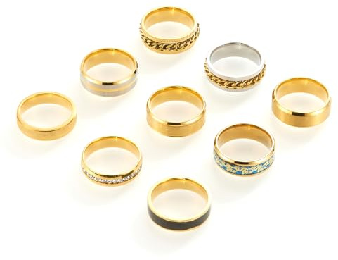 SOXEMAN Set da 9 Anelli Nuziali per Uomo e Donna, 2 Anelli Rotanti a Catena, Acciaio Inossidabile, Larghezze 6mm e 8mm (Misura USA) | Oro | Misura USA 13 (69,7 mm)