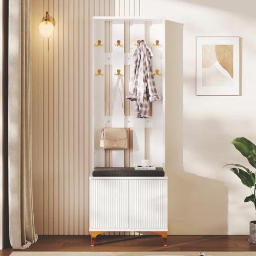 Möbelset för hall: Träorganisatör med entréaxel, 3-i-1 bänk med klädhängare, skohylla och krokar för hängning, 60,5 cm x 180,5 cm x 35,2 cm, vit
