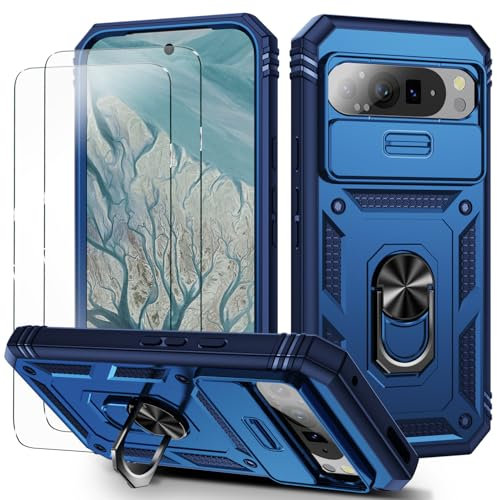 for Pixel 9 Pro XL Case with Camera Cover Slider, 2*Screen Protectors,Build in 360°Rotating Ring Kickstand, Military Grade Protective Case for Google Pixel 9 Pro XL-Blue
