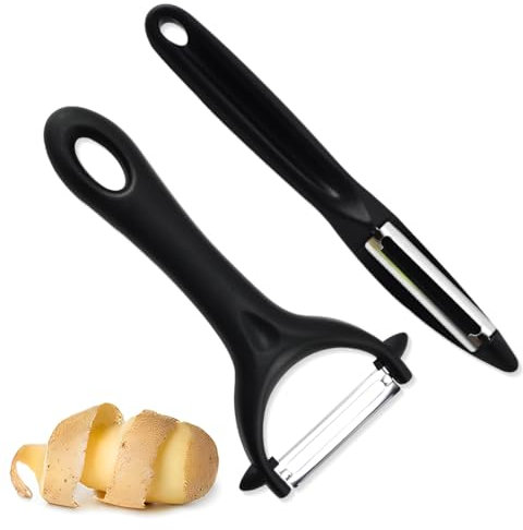 2 Pezzi Sbucciatore Universale In Acciaio Inox a Forma di Y/I, Sbuccia Patate, Pela Patate Verdure e Frutta, Pelapatate Professionale Con Lama Affilata A Pendolo, Impugnatura Ergonomica, Colore Nero