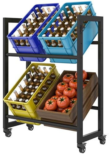 DWVO getränkekistenregal 4 kisten mit rollen,verstellbaren füße, Öffner, Metall Kistenregal mit 2 Ebenen für Bier, Obst, Gemüse, Wasser, Tragfähigkeit 180KG