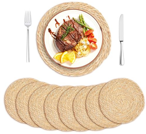 Juego de 8 manteles individuales redondos, de jacinto de agua, tejido a mano, estilo bohemio, manteles individuales naturales, para mesa de comedor, cocina, decoración bohemia (30 cm)