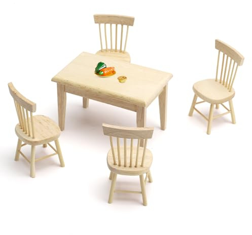 VOSSOT Juego de 5 sillas de escritorio para casa de muñecas, 1:12, mini mesa y silla, adornos en miniatura, muebles de casa de muñecas, muebles de madera en miniatura, mesa de comedor en miniatura