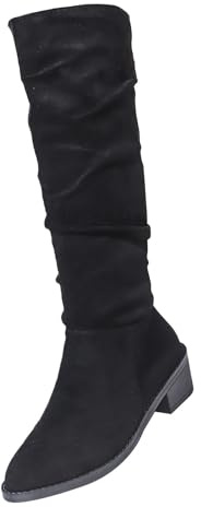 Bottes souples en daim pour femme - Talon bloc - Chaussures épaisses à enfiler - Bout pointu - Bottes hautes en daim synthétique - Chaussures longues durables - Couleur unie - Bottes décontractées