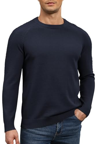 Aunribor Jersey de Hombre Cuello Redondo Hombros Caídos Manga Larga Color Liso Suéter Térmico de Punto Detalles de Costillas en Los Hombros 100% Algodón Estilo Clásico Otoño Invierno