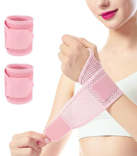 daqoupzi Lot de 2 bandages de poignet roses avec sac de rangement, bandages de poignet respirants avec passant pour le pouce, convient pour les tendinites, le sport et le travail