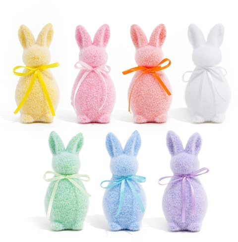 Larber 7PCS 10CM Mini Pascua Conejo Escultura Decoraciones Espumoso Conejo con Pajarita para Piezas centrales de Pascua para la Primavera de Mesa de Decoración