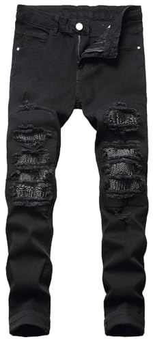 Men's Ripped Jeans Regular Fit Skinny for Men Distressed Destroyed Denim Jeans Straight Leg Fashion Comfort Retro Basic Denim Trousers Black