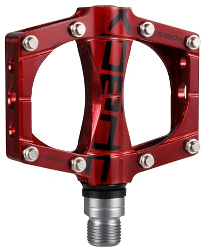 XPEDO TRVS 9 Flat Bicycling Pedals | 6061 CNC Aluminum Body, Cromoly Spindle, Sealed Cartridge & DU Bearings, 24 Replaceable Pins | Red