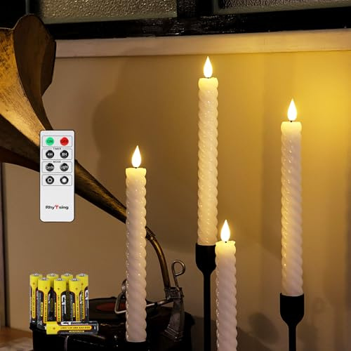 Rhytsing Set of 4 White Flameless Twist Taper Candles with Timer, Battery Powered Spiral Table Dinner Wedding Candles, Warm White Light, Remote & Batteries Included