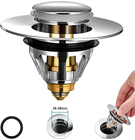 Bathroom Sink Plug Replacement, Brass Universal Pop Up Drain Stopper with Bounce Core, Bath Basin Plug Filter with Basket Hair Catcher, Push Type Sink Strainer No Overflow for Bathroom,34-38mm