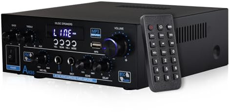 2 Canales Amplificador, 1000W Audio Estéreo, Bluetooth 5.3 Mini Hi-Fi Amp, para Dos 50W x2 Altavoces de Unas 8 Pulgadas, Bass/Treble/AUX/FM/Mic/USB, para TV, para el hogar o tu Coche