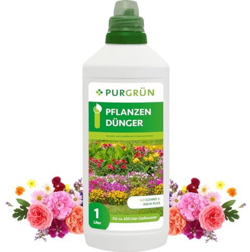 Purgrün® Pflanzendünger 1 Liter – Schnelles Wachstum Indoor & Outdoor – Premium-Flüssigdünger mit Spurennährstoffen – NPK 5+4+6 – Für leuchtende Blüten & gesundes Wachstum – Für 200 Liter Wasser